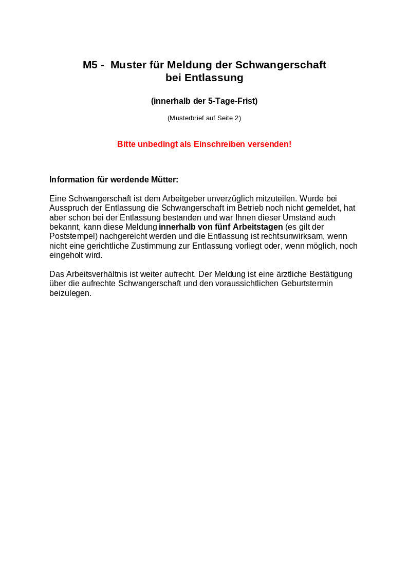 M5 -  Muster für Meldung der Schwangerschaft bei Entlassung